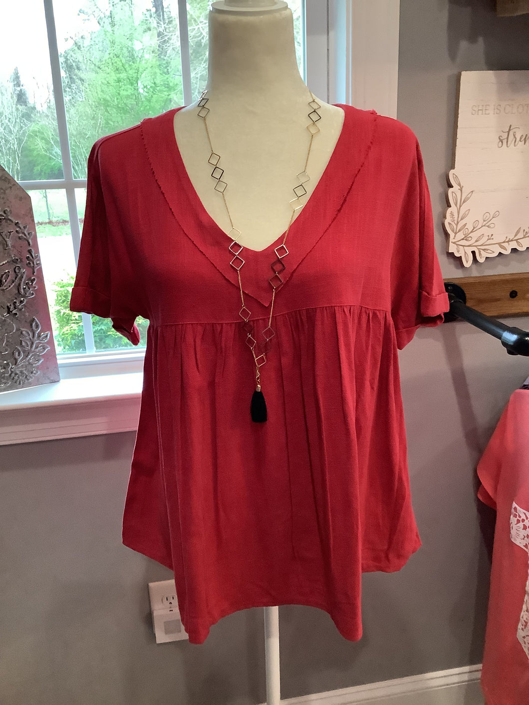 Red V-Neck Short Sleeved Shirt