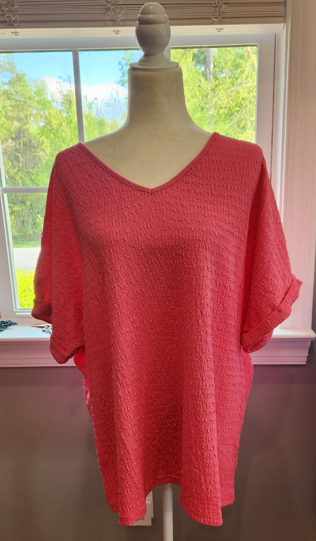 Pink Knit Textured V-Neck Blouse