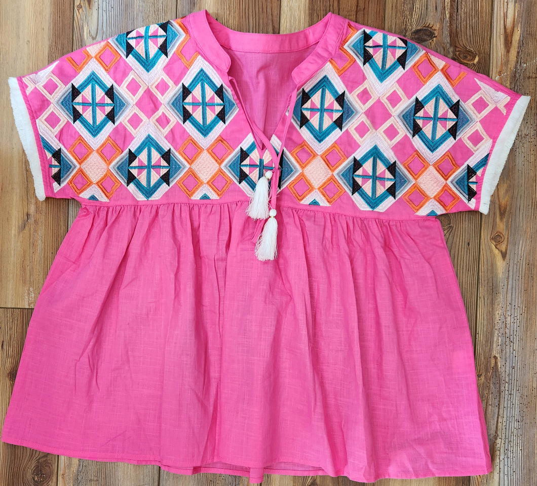 women's geometric embroidered tassel tie v neck blouse