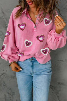 Mineral Wash Sequin Heart Snapp Button Sweatshirt