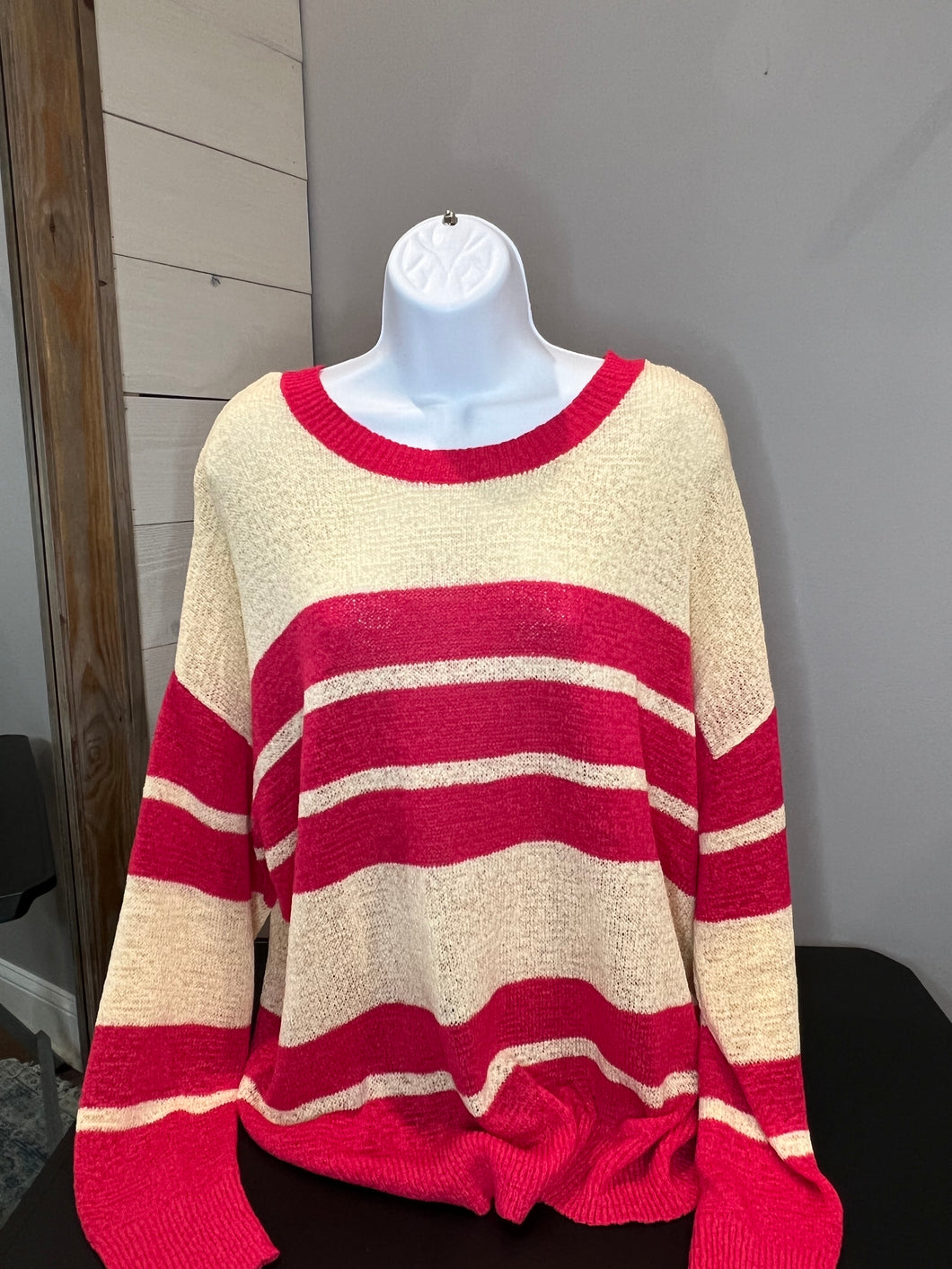 Cream and Pink Striped Long Sleeve Top