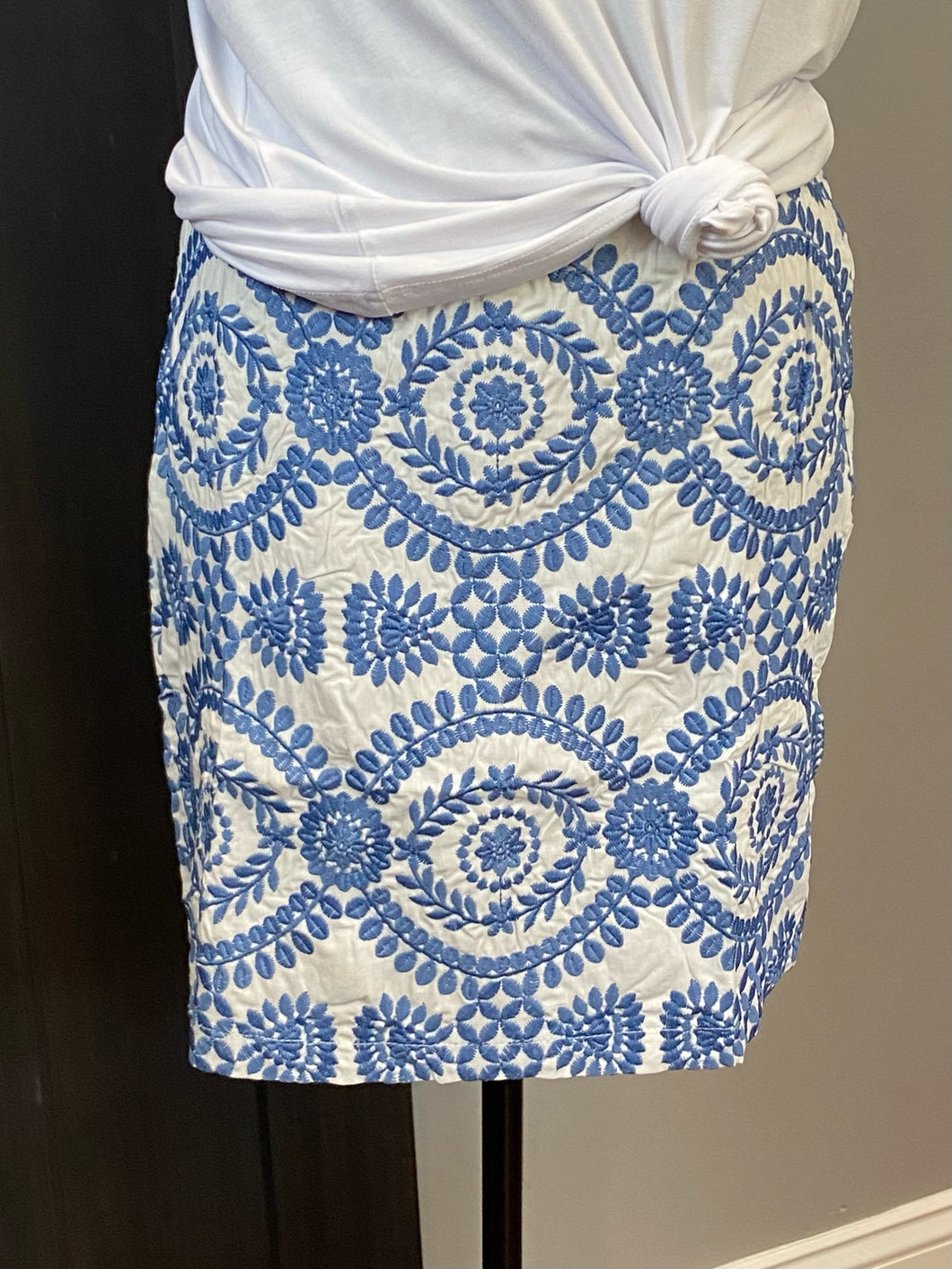 Blue Embroidered Mini H-Line Skirt