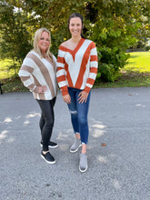 Load image into Gallery viewer, Striped V-neck pullover sweater with Pointelle details
