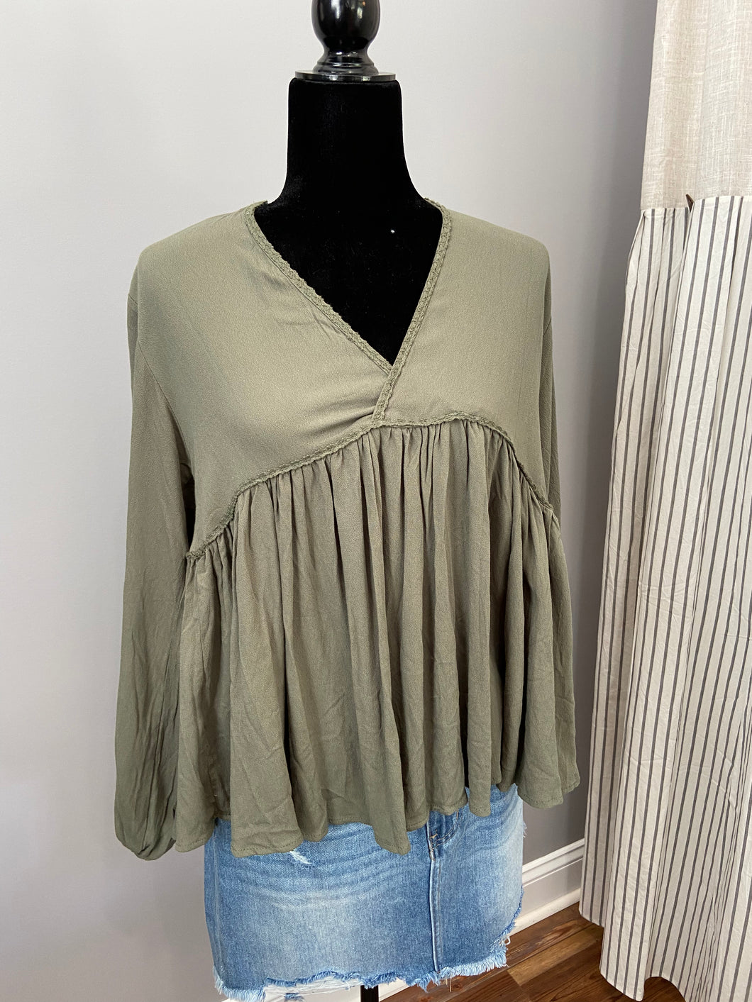 Olive V-Neck Baby Doll Top