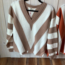 Load image into Gallery viewer, Striped V-neck pullover sweater with Pointelle details
