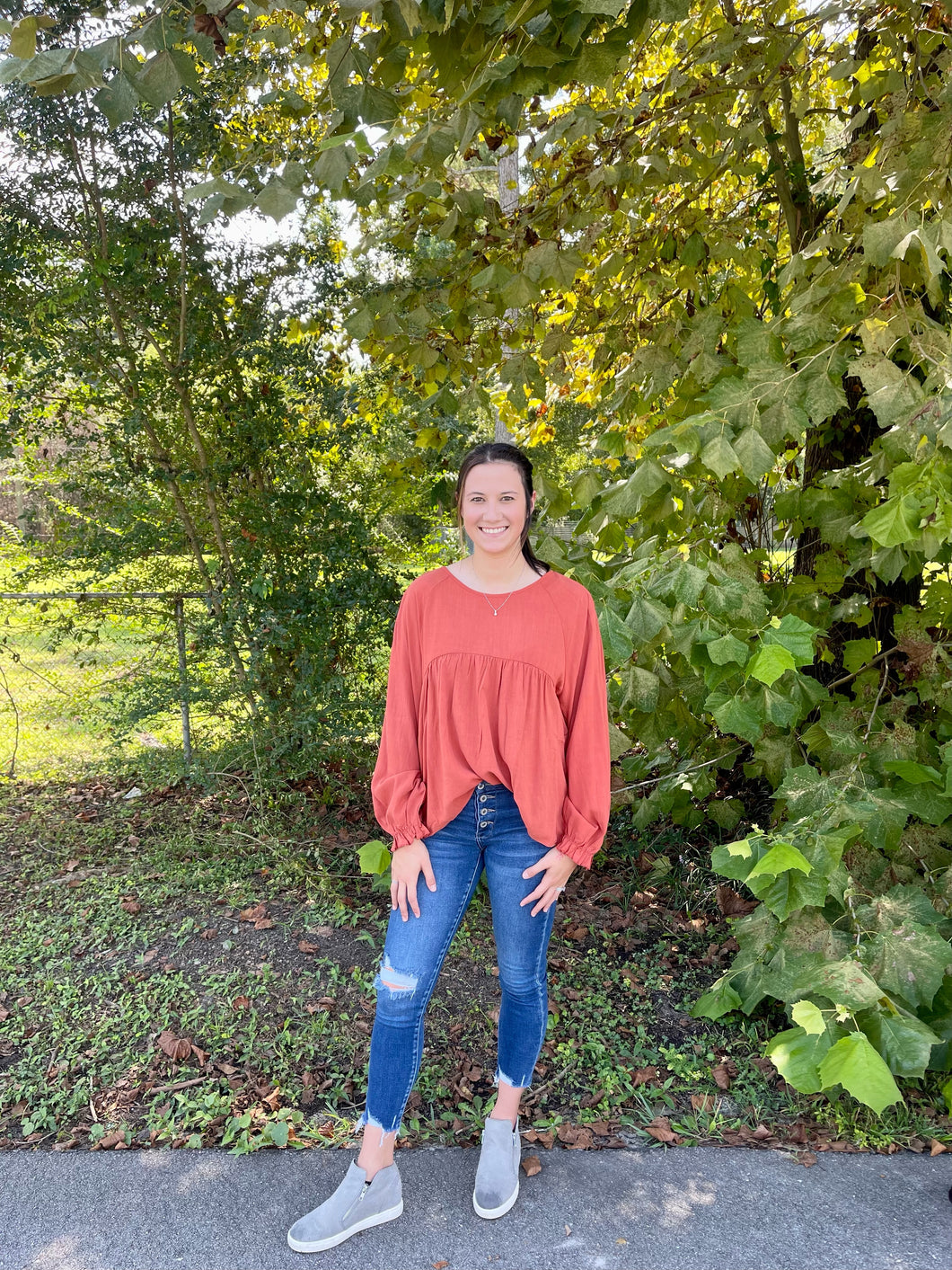 Orange Linen Pleated Top with Long Sleeve Puff Sleeves