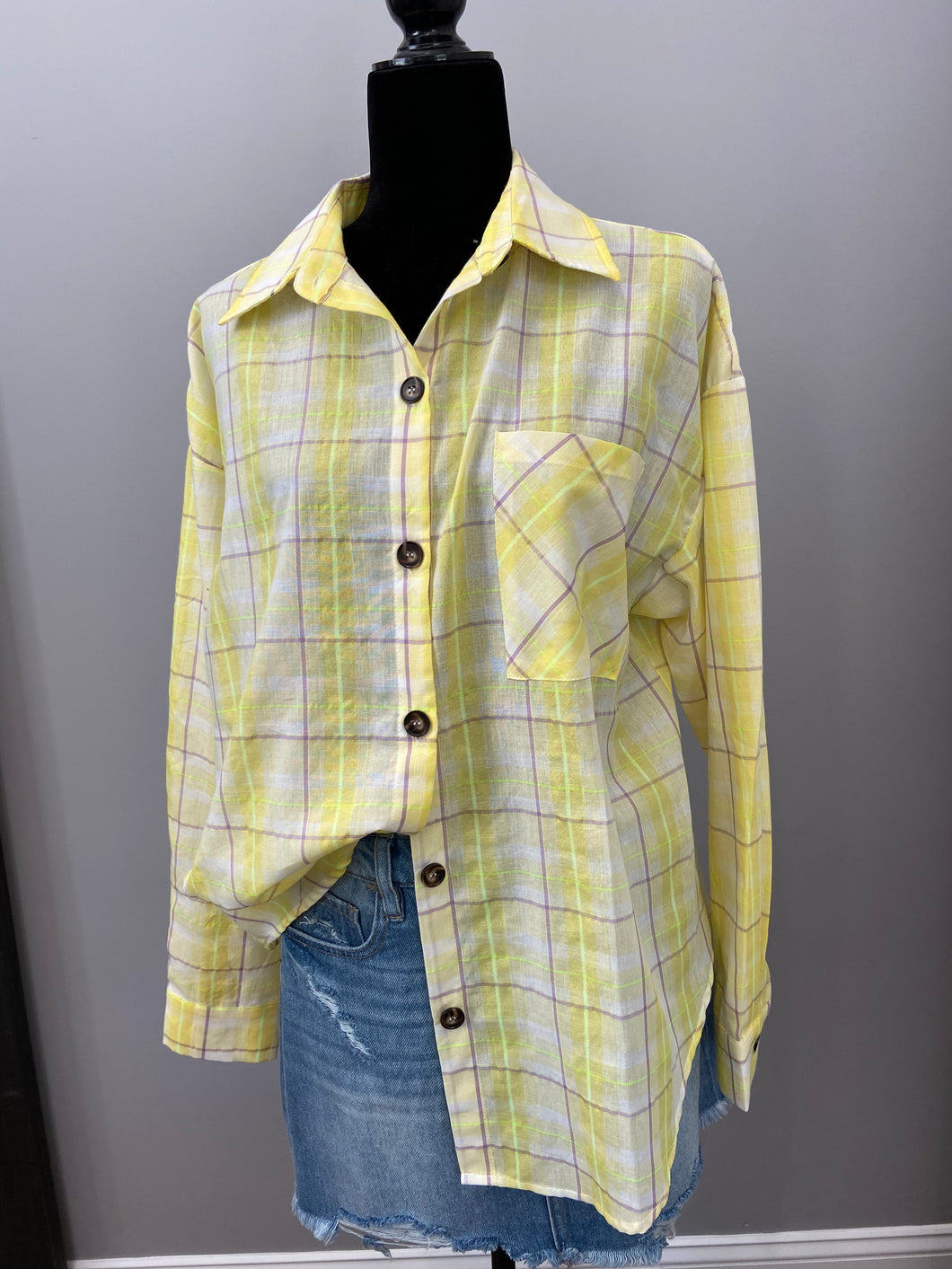 Yellow and purple Plaid light weight button up