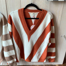 Load image into Gallery viewer, Striped V-neck pullover sweater with Pointelle details
