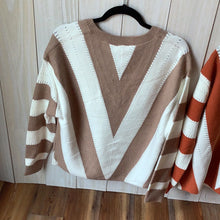 Load image into Gallery viewer, Striped V-neck pullover sweater with Pointelle details
