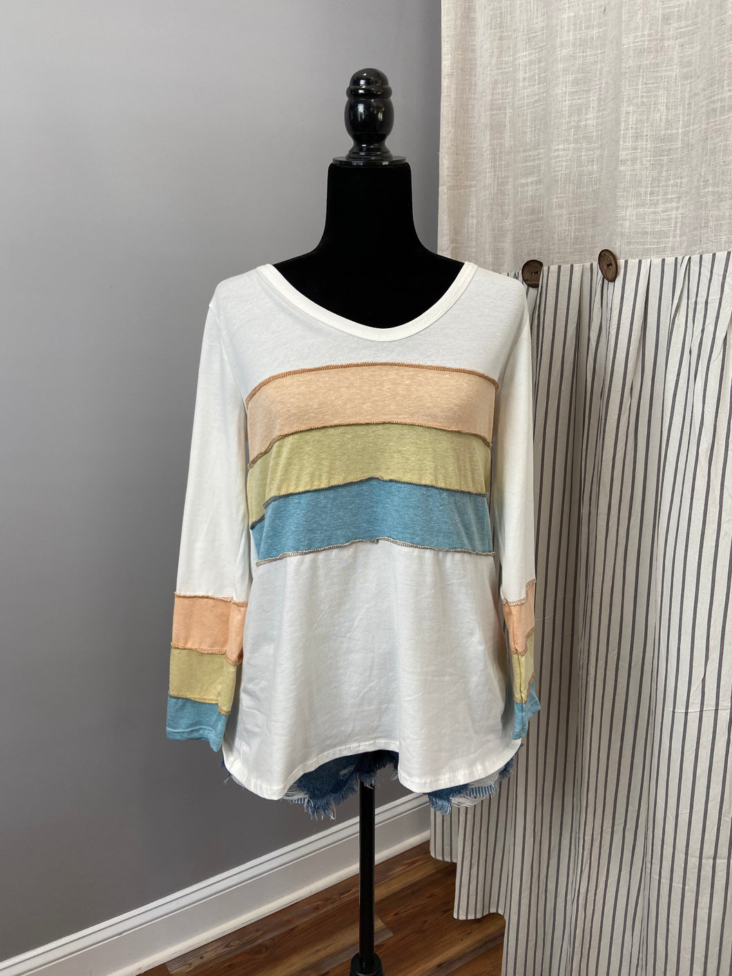 Multi Three Striped White Long Sleeve Top