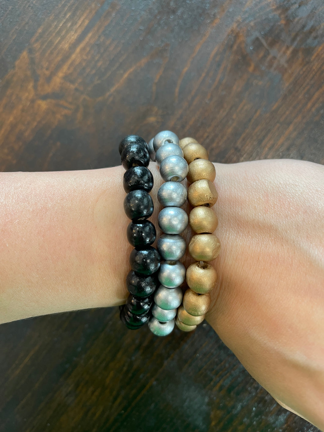 Wood beaded layer stack bracelets