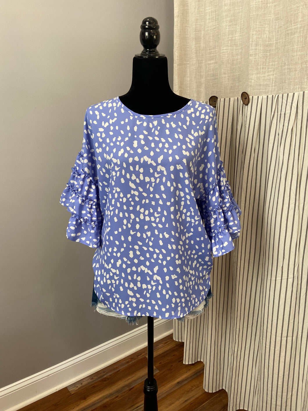 Light Blue Spotted Ruffle Sleeve Top