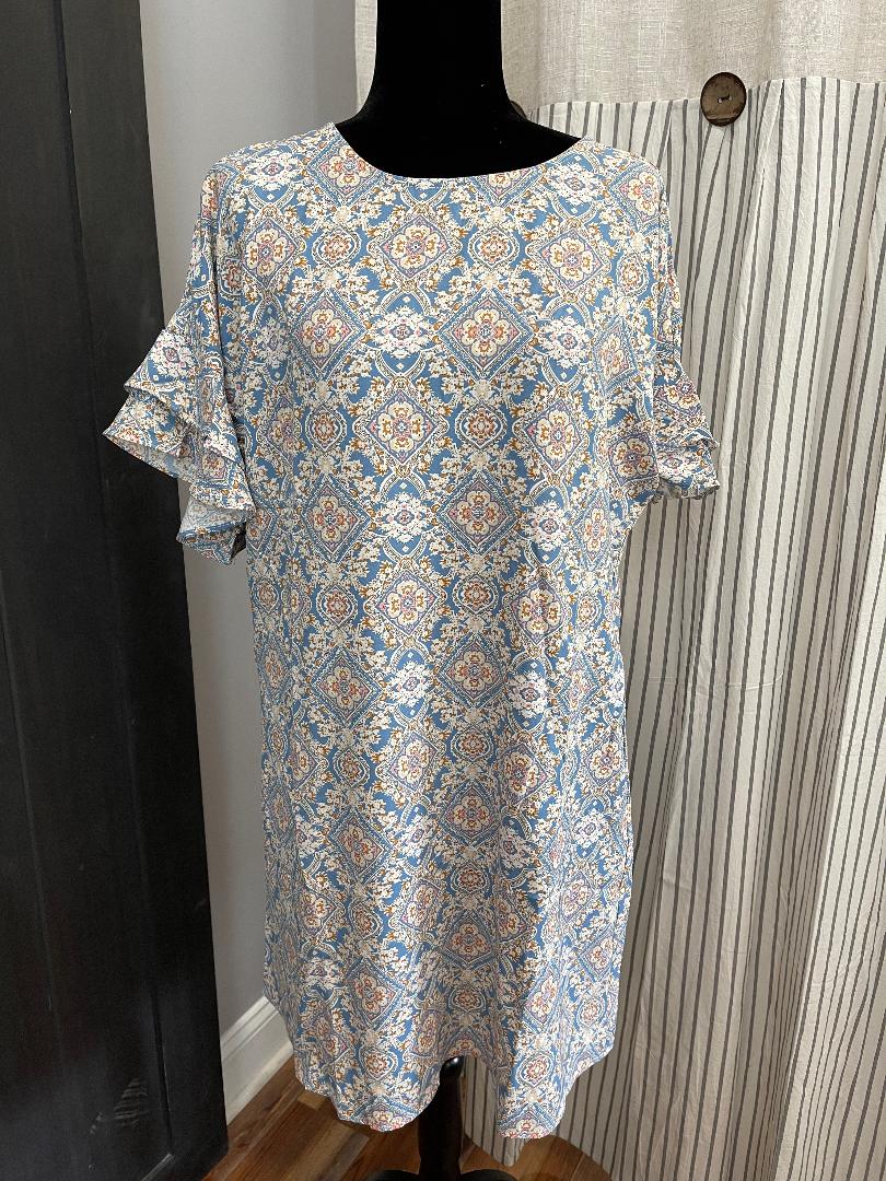 Light Blue Print Dress with Ruffle Sleeves